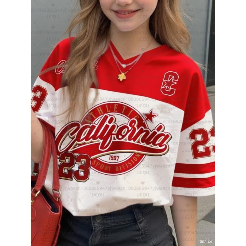 Girls Casual Sports Style California Print Short Sleeve V-Neck Women's Children Men's T-shirt Tops