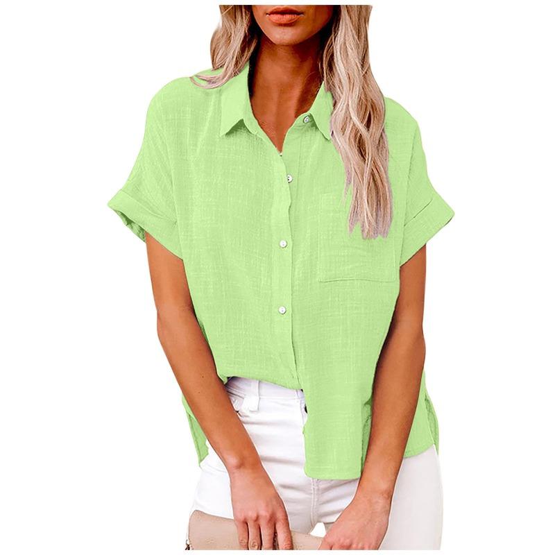Fashion Short Sleeved Casual Women Summer Shirt Plus Size Elegant Lapel Casual Office Blouse Woman Loose Solid Color Women's Clothing