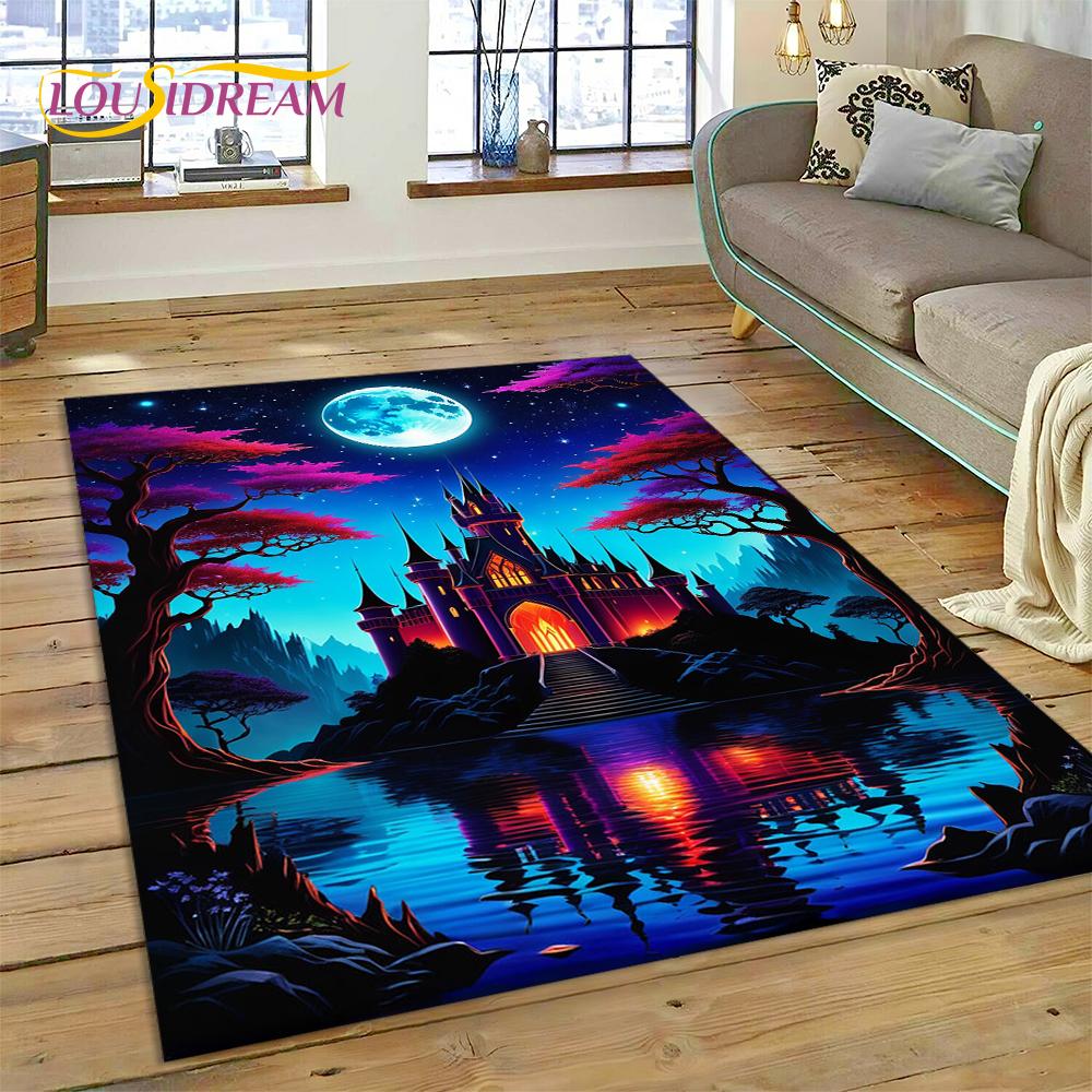 Dream Fairy Tale Castle Mysterious Gothic Cartoon Carpet Rug for Living Room Bedroom Home Sofa,Kid Area Rug Non-slip Floor Mat