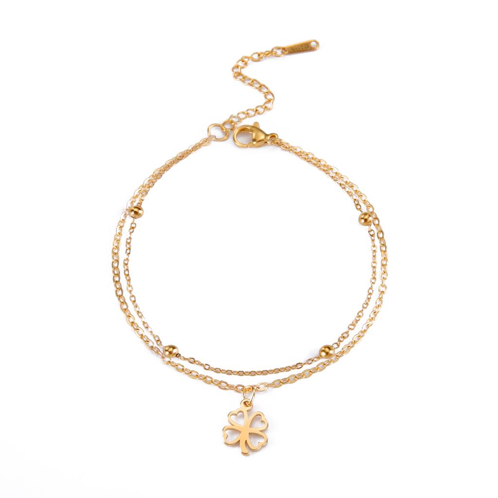 Four Leaf Clover Crystal Charm Bracelet Women's Double Layer Snake Chain Bracelets Lucky Stainless Steel Jewelry