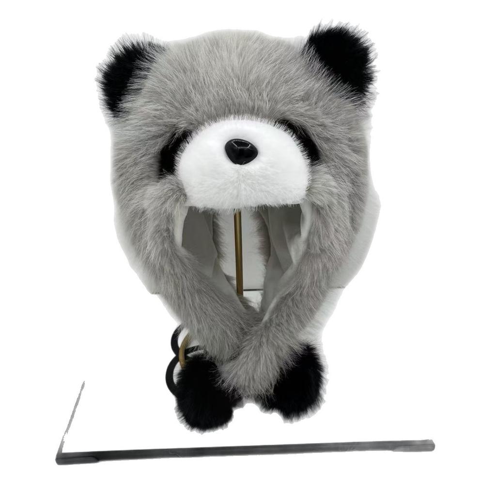 Parent-child autumn and winter cute plush panda hat, thickened warm big head circumference imitation fox hair cover ear hat