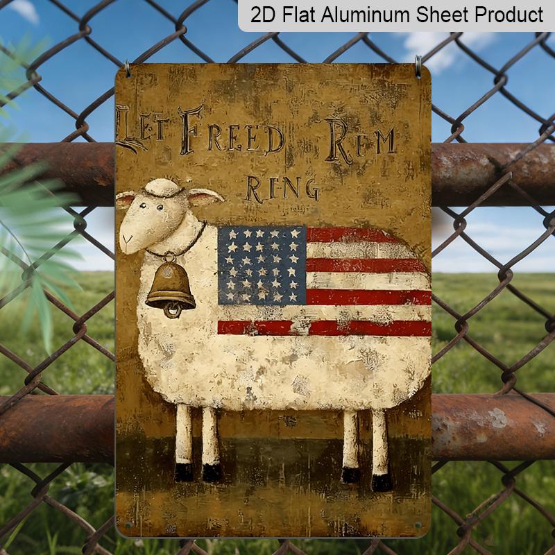 

2D Flat, 1pc Patriotic Sheep American Flag Metal Wall Art - Rustic Farmhouse Style with Let Freedom Ring Design, Vintage Distressed Texture 20*30cm