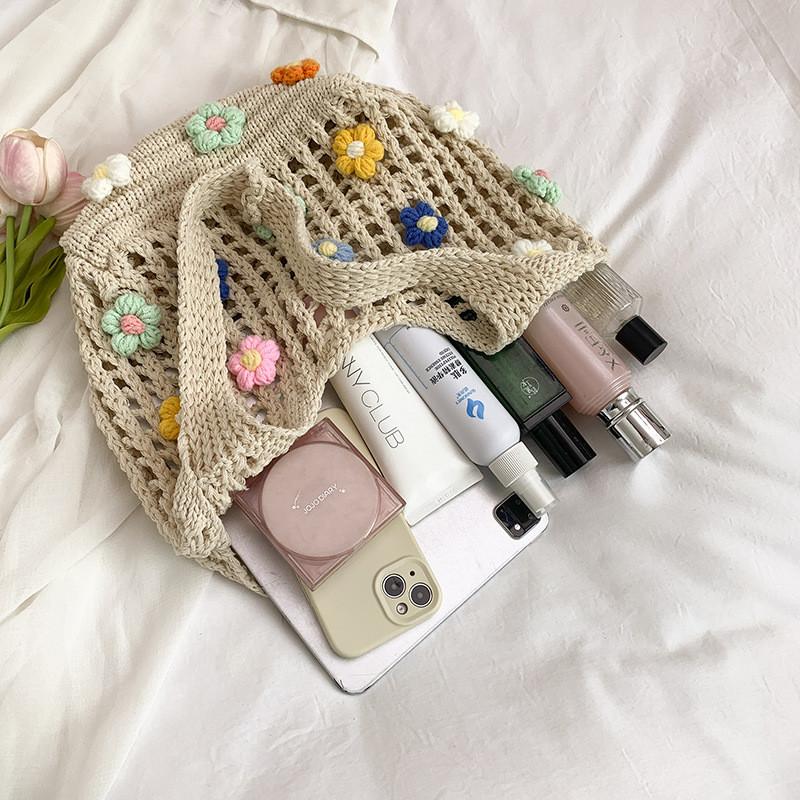 Summer Knitted Flowers Tote Bag With Woven Design For Casual Daily Use