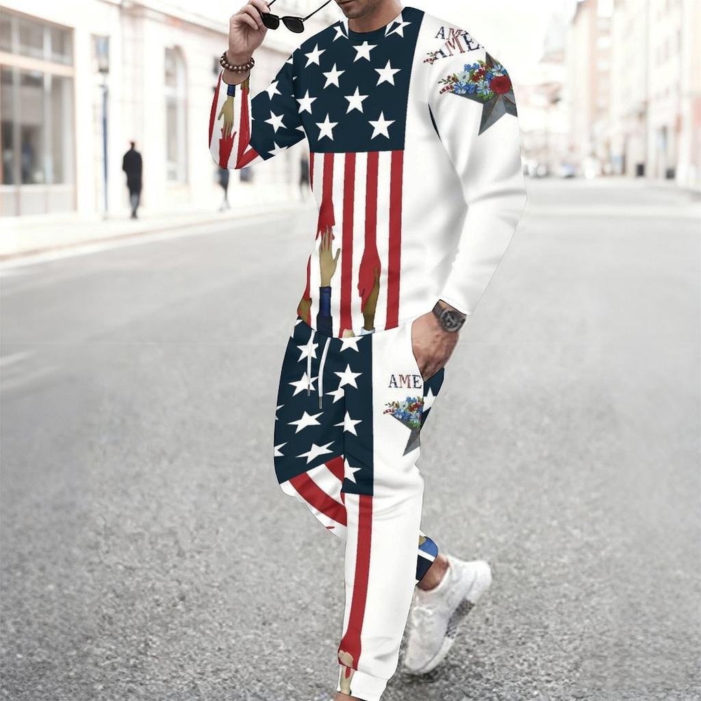 Men Split Usa Flag Star Floral Hand Print Long Sleeve Sweatshirt And Drawstring Jogger Pants Two Piece Suit