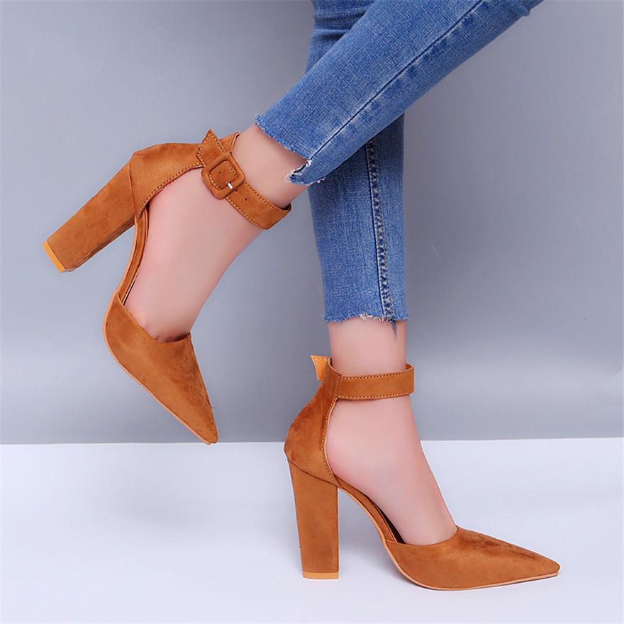 Fibbia Cinturino Caviglia Sandali Sexy da Donna Tacco Spesso Scarpe Estive Rosa Nero Floccato Punta Appuntita Tacchi Alti Donna Scarpe a Tacco Alto da Festa Matrimonio