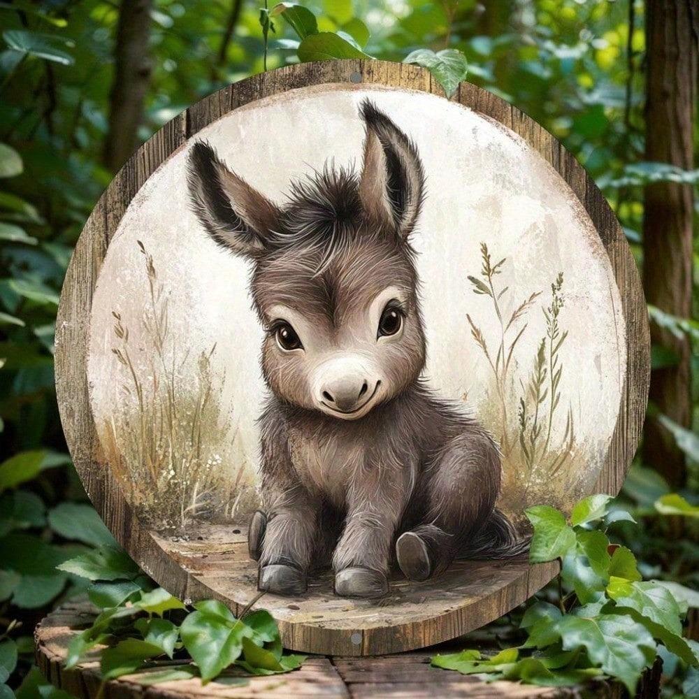 Vintage Donkey Metal Sign 8x8 Inch Retro Farmhouse Tin Round Aluminum Wall Art 2D Flat Decor for Home Bar Cafe Man Cave