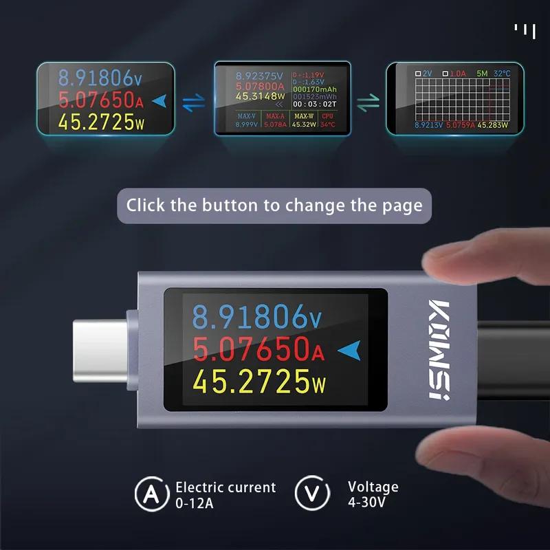 Typ-C Multifunktions-Digitalanzeige Gleichspannung Amperemeter Leistungsmesser Handy-Ladegerät Tester DC 4-30V 0-12A Batterietest