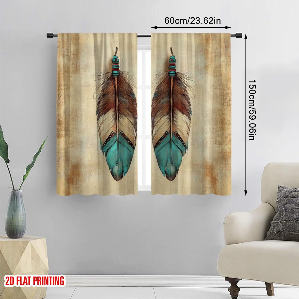 2pcs,2D Plane Printing Curtains Tribal Feathers Duo Polyester Woven (without Rod) Decorations Outdoor Perfect for Bedroom,