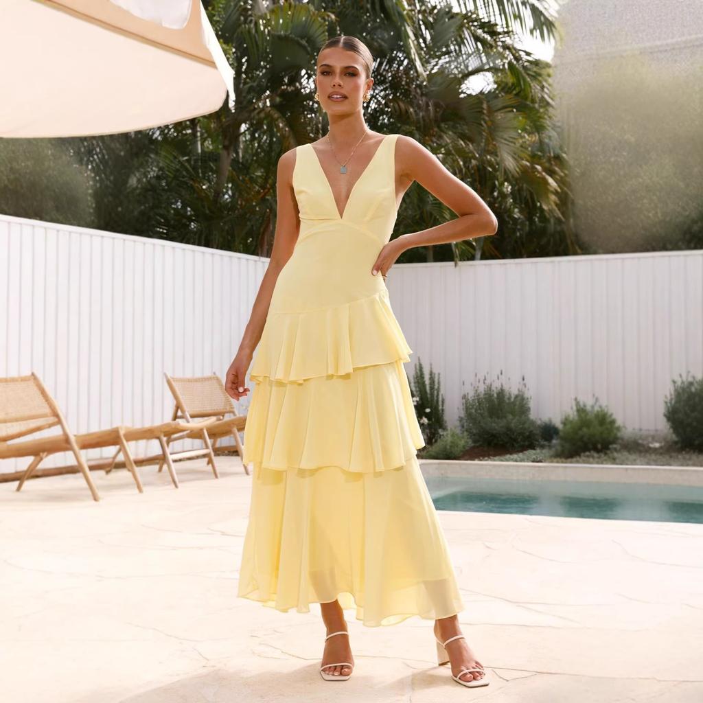 Summer Holiday Style V-neck Solid Color Splicing Long Halter Strap-on Dress 75