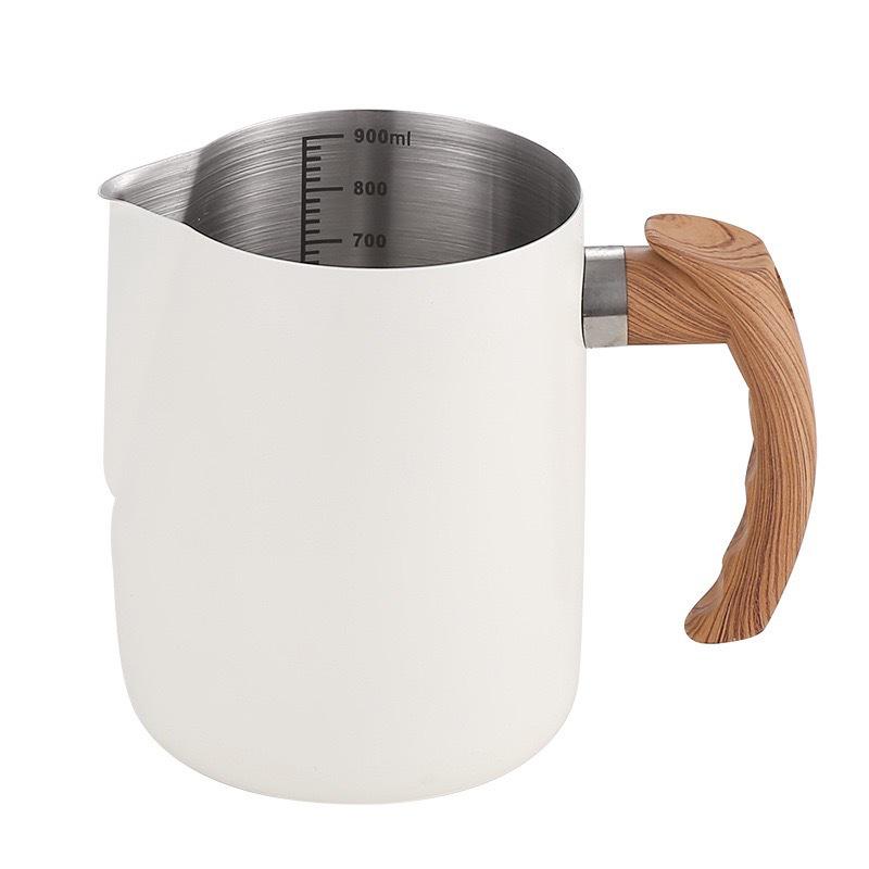 Stainless Steel Latte Art Cup with Wooden Handle and Scale - Thickened Milk Frothing Cup with Pointed Spout for Coffee Art