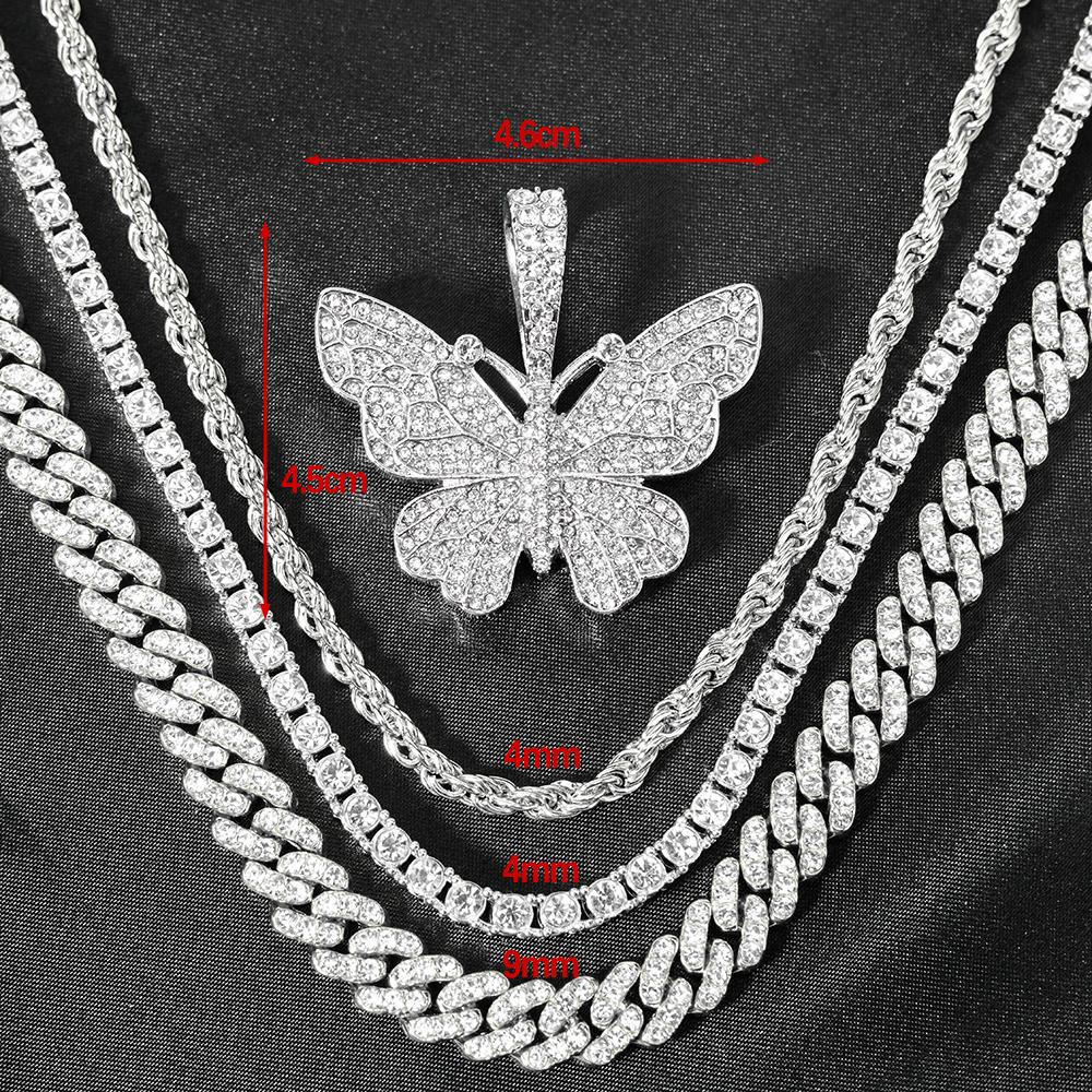 Men Women Hip Hop Iced Out Bling Butterfly Pendant Necklace with 9mm Miami Cuban Chain Hip Hop Necklaces Fashion Charm Jewelry