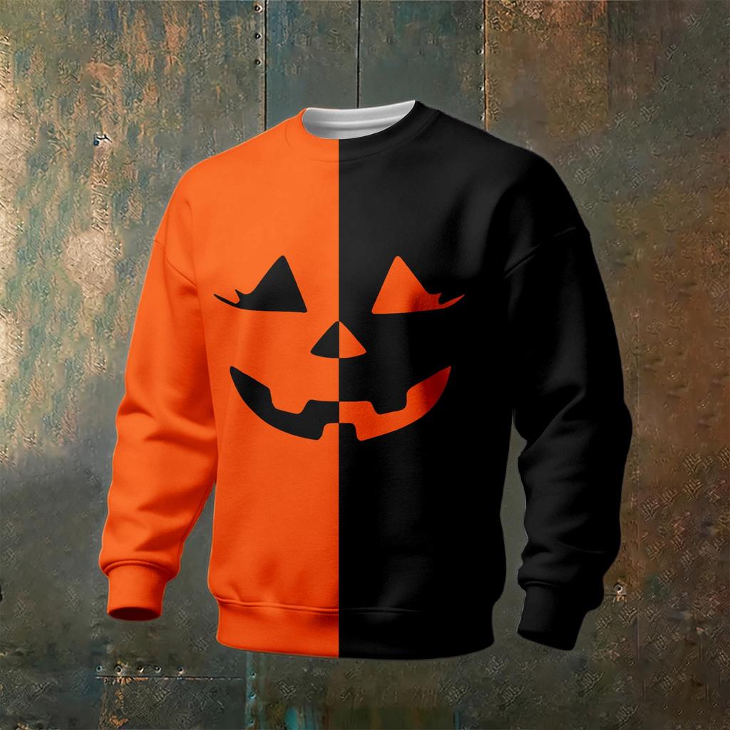 Men's Casual Sweatshirt Long Sleeve Neck Halloween Print Pullover for Holiday Party and Everyday Wear