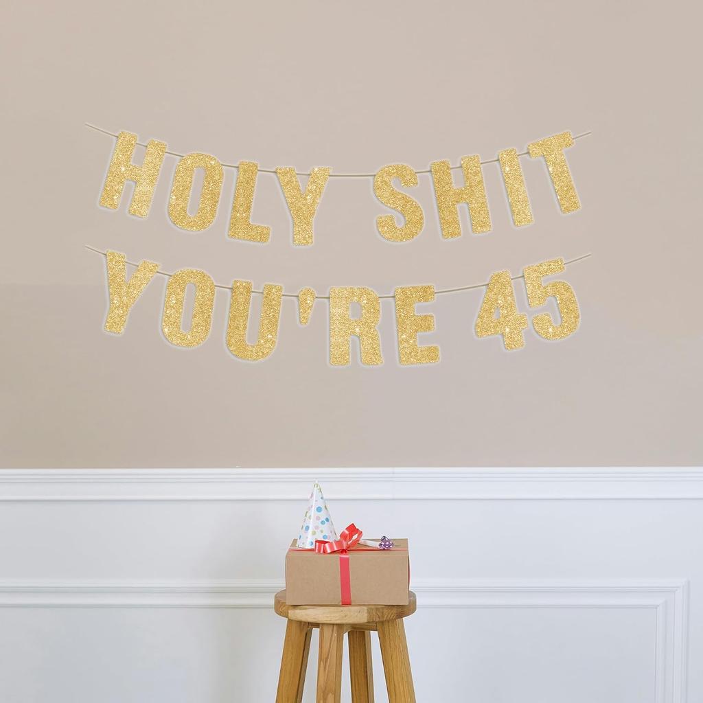 45th Birthday Decorations for Men & Women, Happy 45 Years Old Party Sign, 45 Birthday Gifts for Her & Him, Pre-Strung 45th Party Banner - Gold