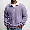 Men's Solid Big Waffle Knit Long Sleeve Polo Shirt, Lapel Zip Casual Sports Top for Autumn