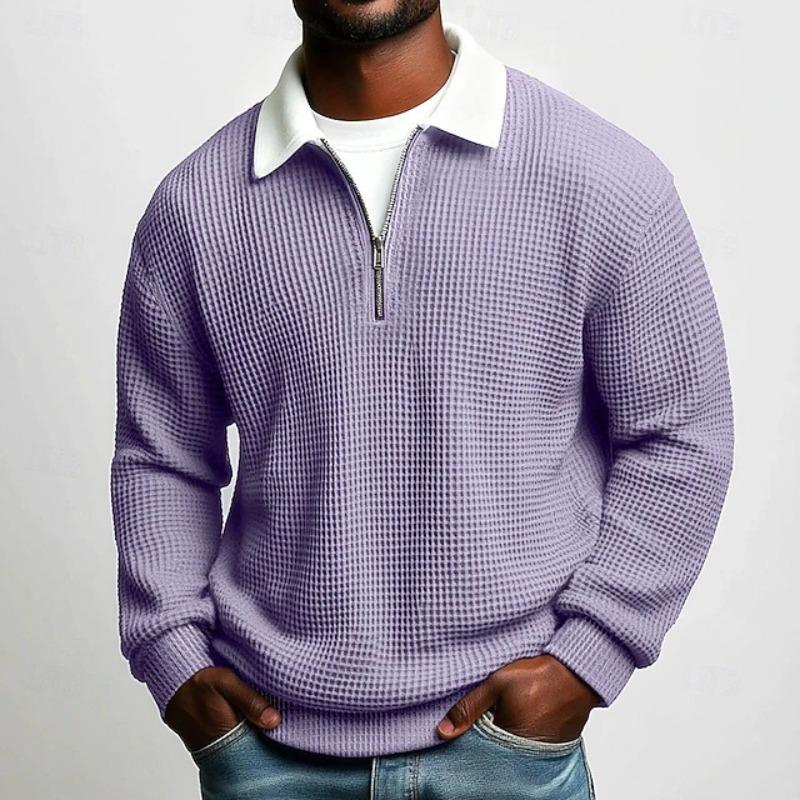 Men's Solid Big Waffle Knit Long Sleeve Polo Shirt, Lapel Zip Casual Sports Top for Autumn