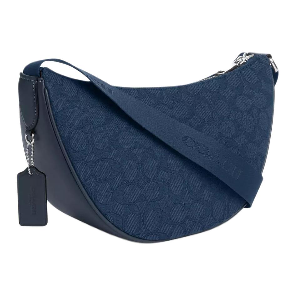 Coach Pace 29 Top Zip Closure Metal Logo Signature Jacquard Trimmed Fine Calfskin Crossbody Shoulder Bag Large Women Bags Dark-Denim-Blue CT822-SVPM1