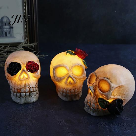 Skull Halloween Lamp Gothic Light Up Rose Flower Figurine, Day of Dead Resin Durable Statue, Spooky Skeleton Head for Desk Home Decor Party