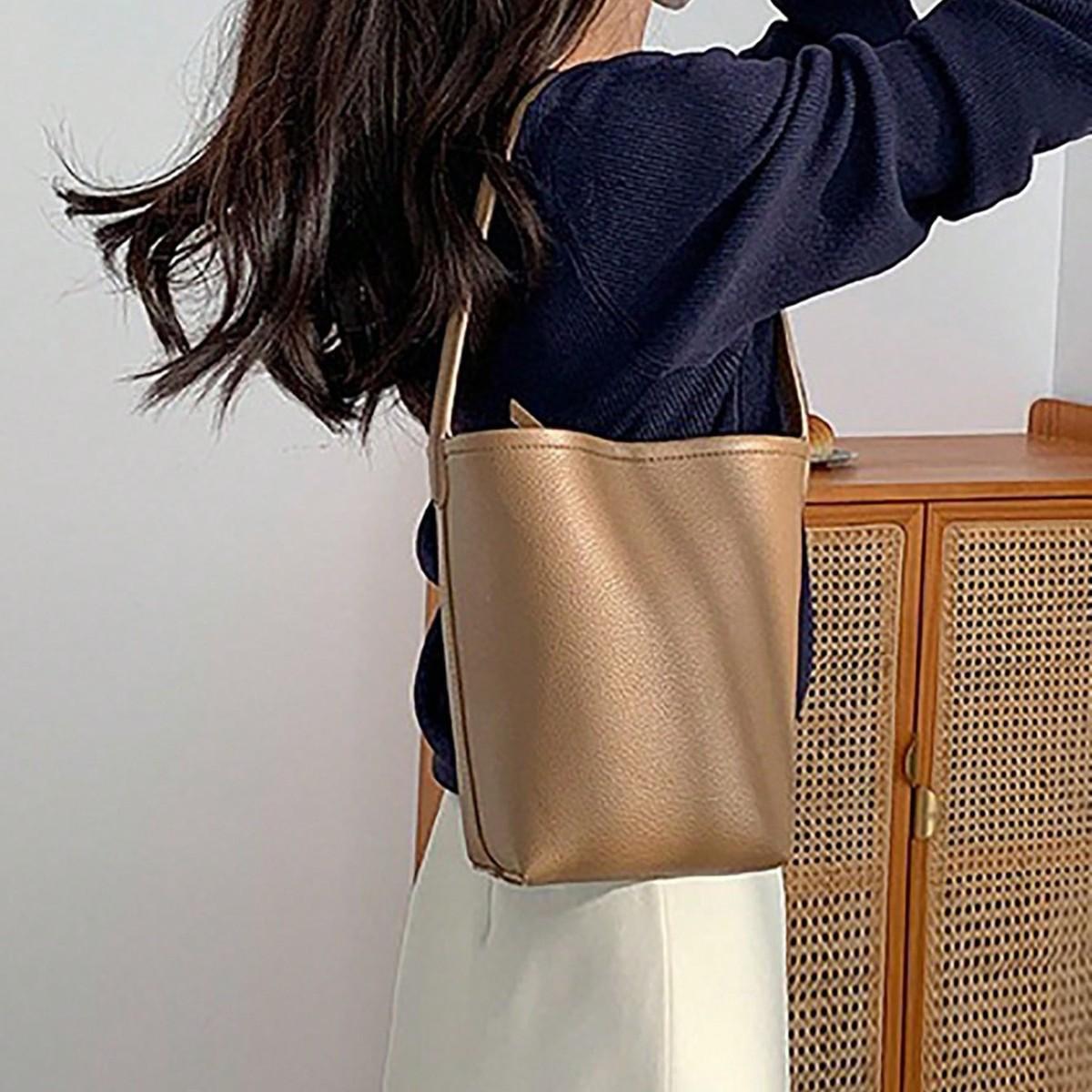 

Elegant NS Underarm Cylinder Bag for Women, Large Capacity, High-End Feel, Korean Style, Single Shoulder Bag, Simple PU Soft Leather Bucket Bag коричневый