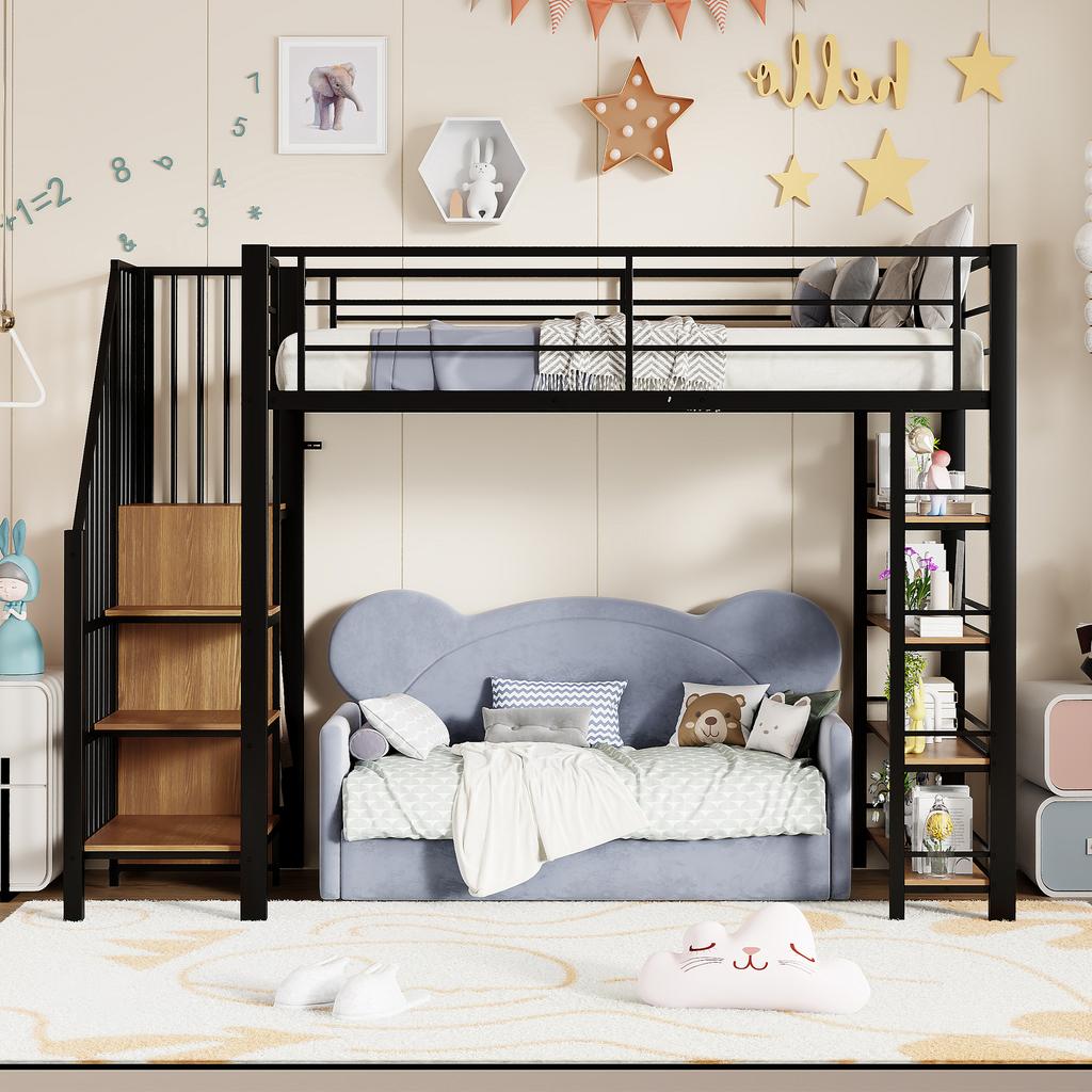 Loft Bed 90*200, with Safety Staircase, Storage Space and Small Wardrobe, Shelves, High Fence Design, Youth Bed, Black (Old SKU for LDB00162AAB)