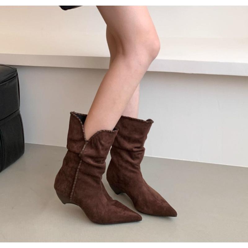 Fashion Street Style Vintage Ankle Boots Women Winter Pointed Toe Thin Low Heel Shoes SHort Botas  De Mujer