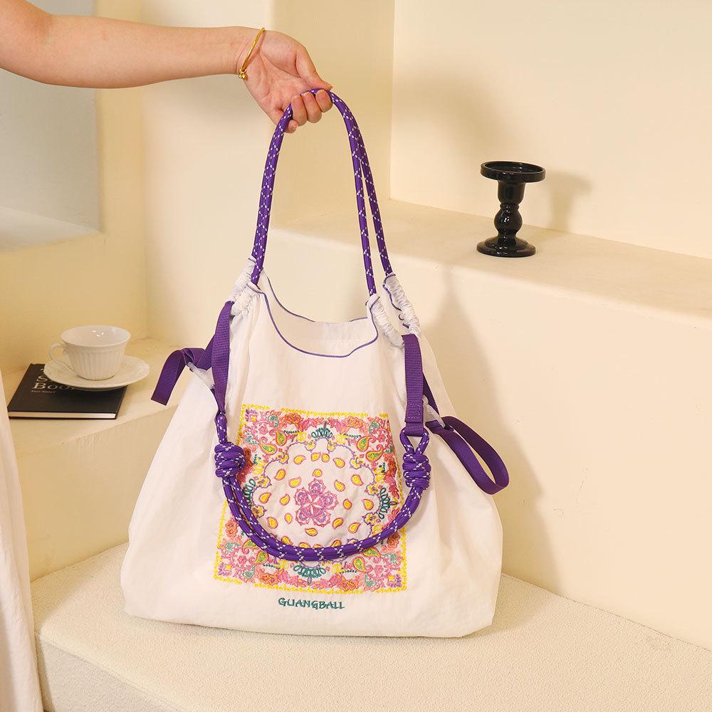 Japanese Style Handmade Waterproof Nylon Canvas Bag with Embroidered Patterns, Large Capacity