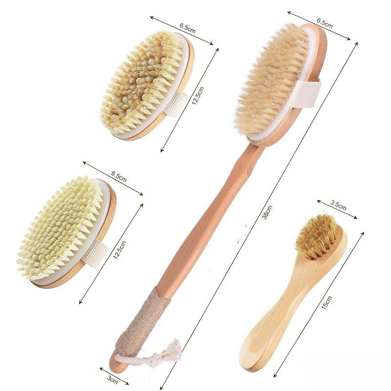 4pcs Boar Bristle Bath Brush Set Body Brush Set Exfoliating Dry Body Brush Facial Massage Brush