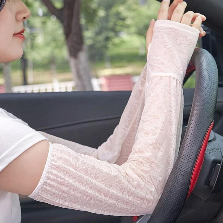 Women’s Lace Arm Sleeves UV Protection, Ice Silk Cooling Arm Covers, Breathable Thin Summer Sleeves for Cycling Running Driving Sun Protection