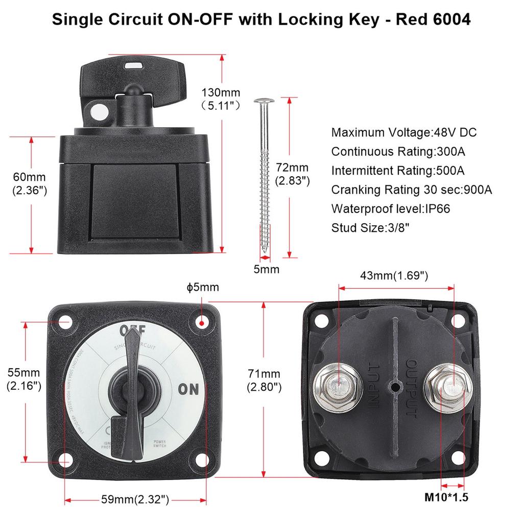 300A DC 48W Single Battery 2 Position Mass Switch With Locking Key Marine Isolator Disconnect Rotary For Camping RV Truck Boat