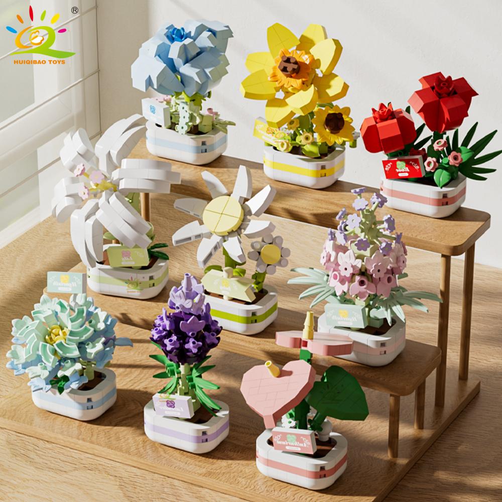 HUIQIBAO Model Floare Eternă Buchet Plantă la Ghiveci Micro Blocuri de Construcție MOC DIY Decor Birou Acasă Jucărie Cărămidă Pentru Copii