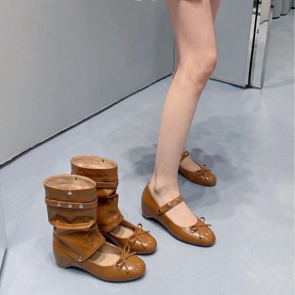 [Removable boot barrel] One shoe, three wear Mary Jane retro brown, black wedge heel bow, and three wear short boots.