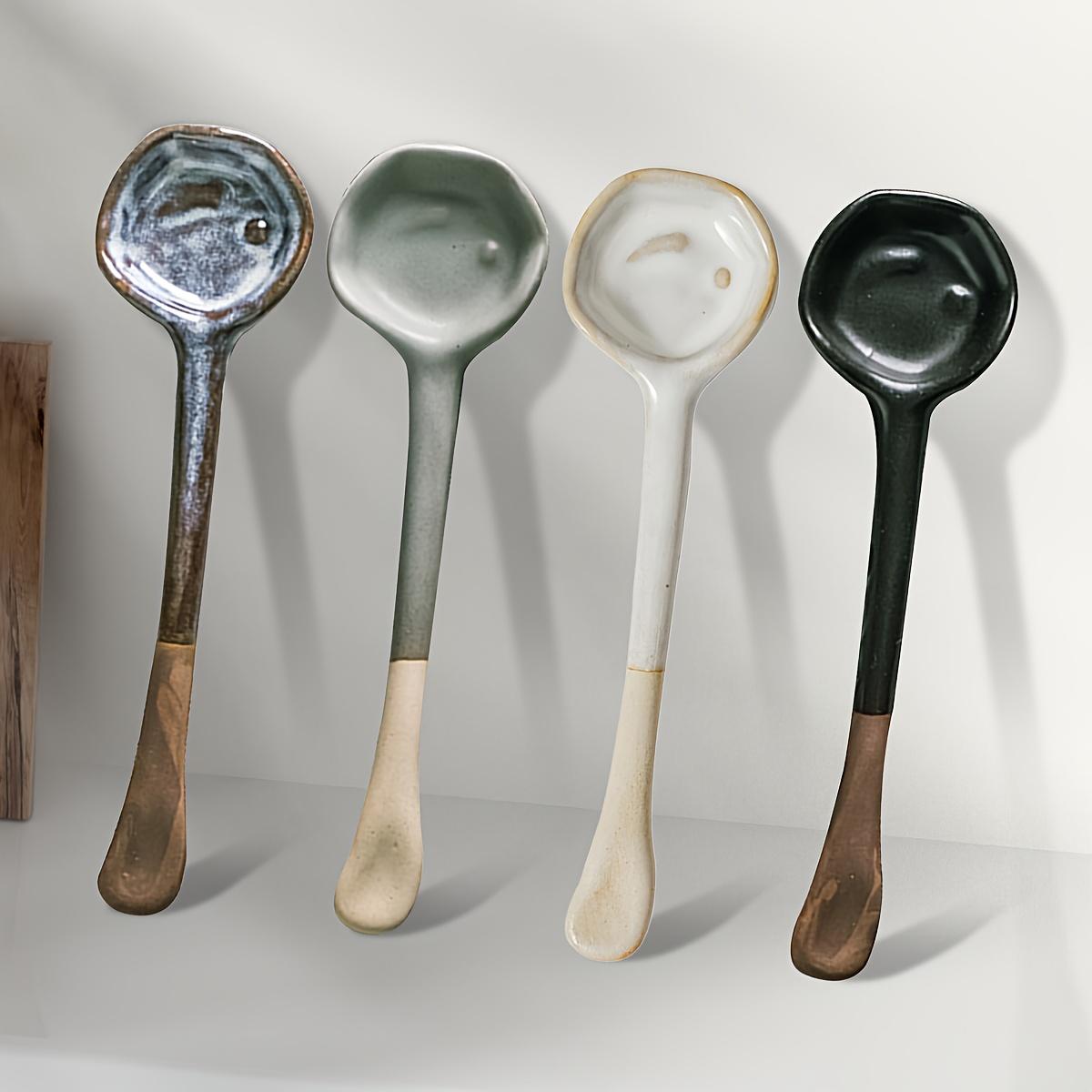 4pcs Japanese Ramen Soup Spoons ,Coffee Milk Powder Spoons, Ceramic Soup Spoons Retro Korean Style Tablespoon Rice Noodles Spoon