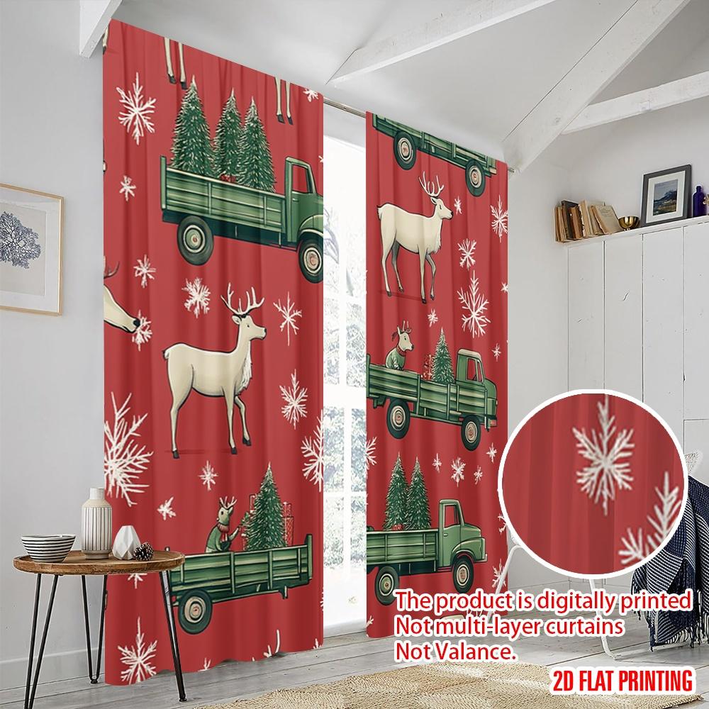 2 szt., druk płaski 2D Minimalistyczne zasłony Ciężarówki świąteczne renifery drzewka (2) Wszechstronny poliester (bez pręta) Wystrój domu