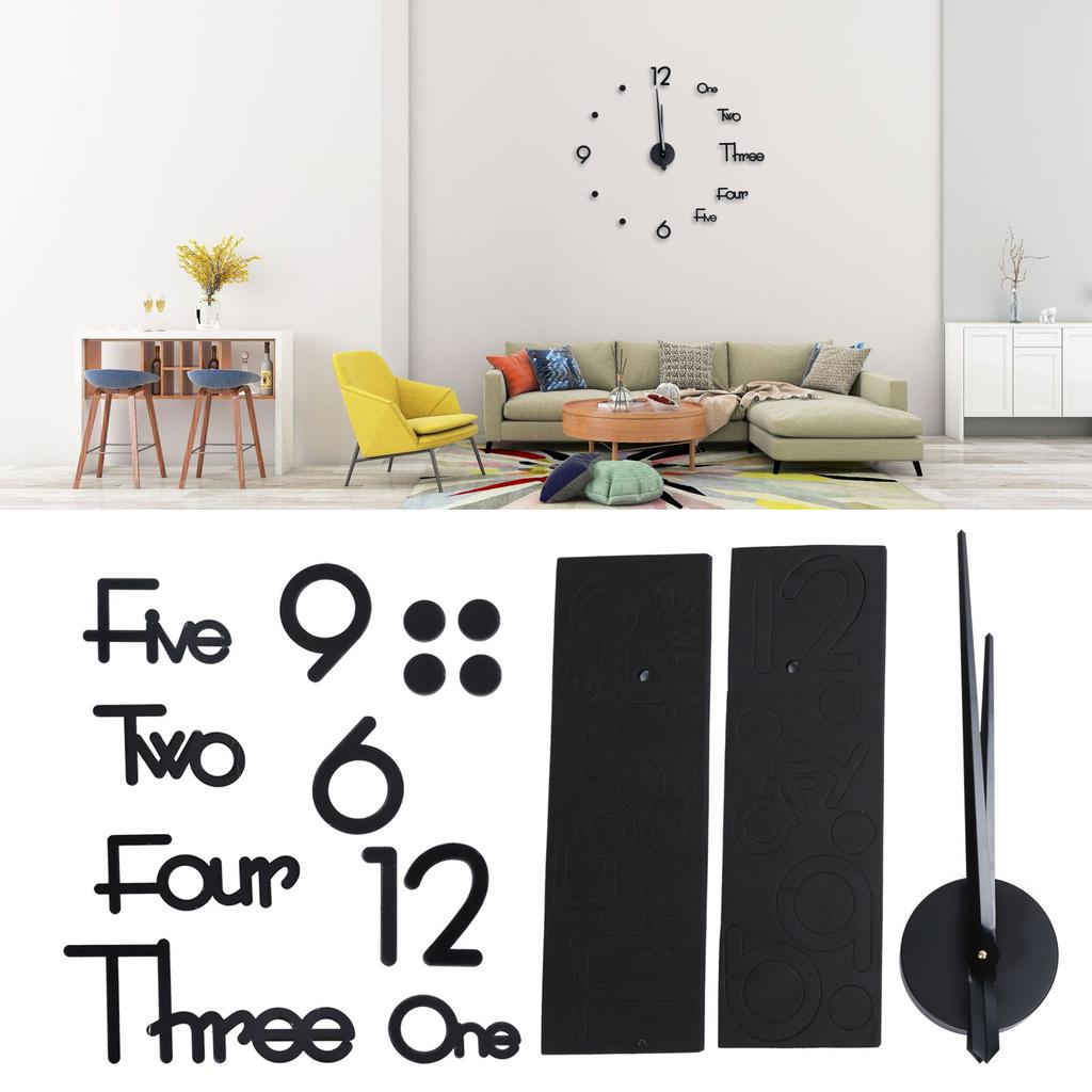 Frameless Adhesive Wall Clock DIY Mirror Surface Sticker for Home Office Room DecorLarge Black