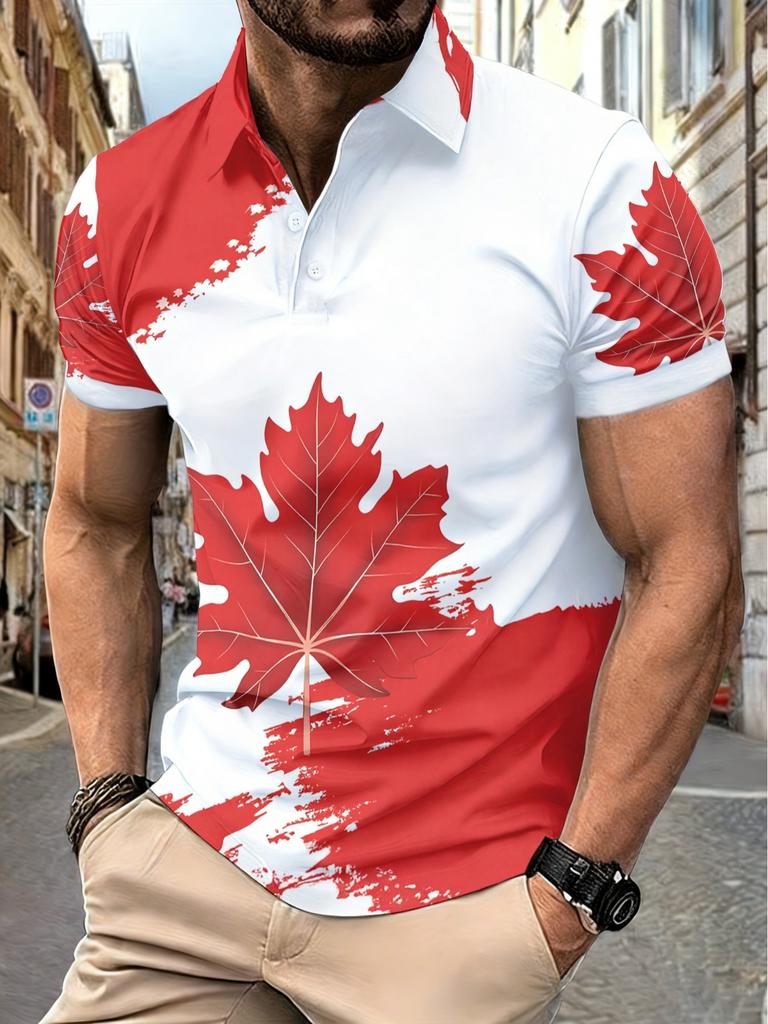 Men'S Shirt, Canadian Maple Leaf Print, Red And White Casual Athletic Style, Lightweight Breathable Fabric, Suitable for Outdoor Activities, Fitness,
