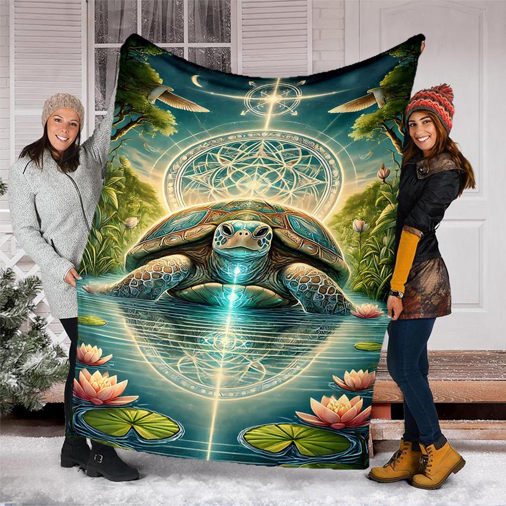 1pc Turtle Pond Mandala Throw Blanket Polyester Fiber, Lightweight Flannel, Soft & Warm, All Season Use for Outdoor, Camping Digital Print