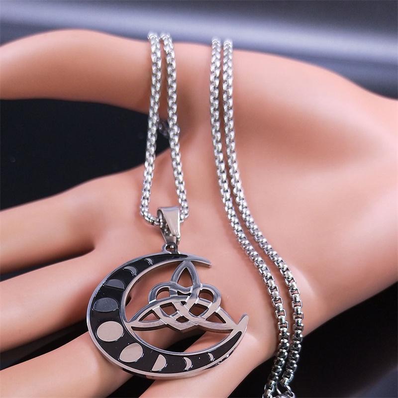 Witch Moon Crescent Triquetra Irish Knot Symbol Necklace Stainless Steel Celtic Knot Necklaces Jewelry collar acero inoxidable