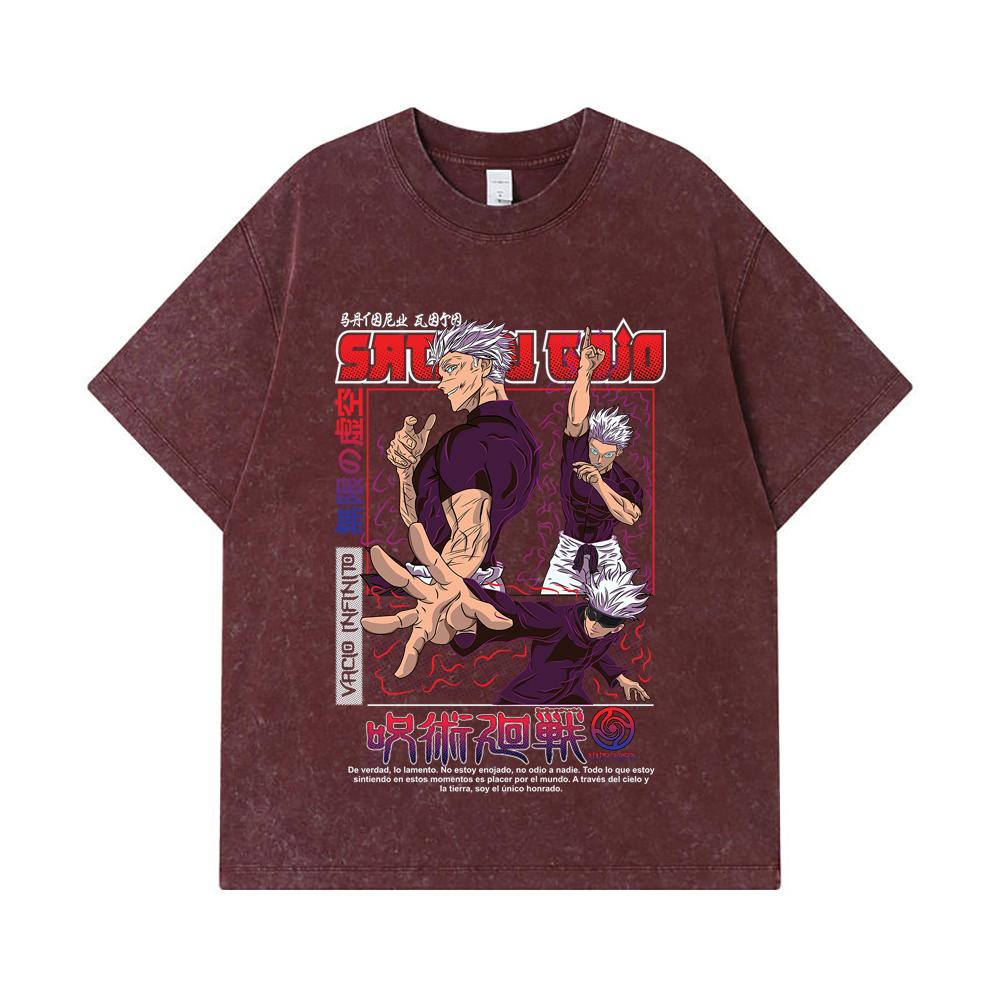 275 GSM Washed T-shirts 100% Cotton Jujutsu Kaisen V25 Gojo Print Unisex Heavy Cotton T Shirt