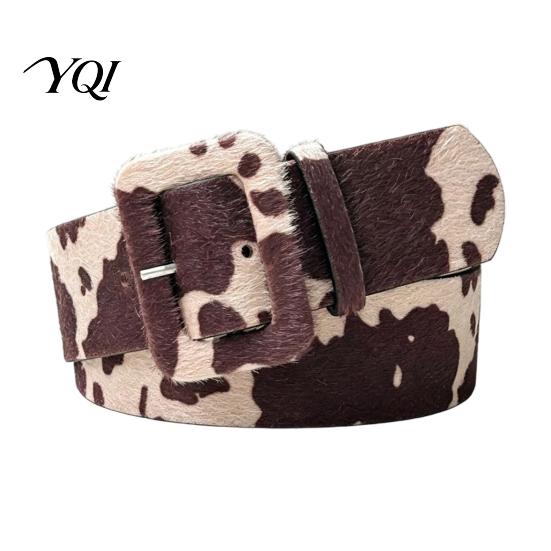 Stylish Metal Pin Buckle Belt Women Cow Pattern Belt, Imitation Horse Hair Leather Waist Casual Fabric Covered Band for Jeans Dresses