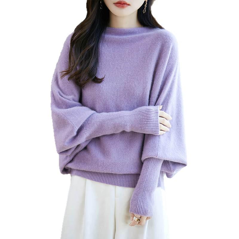 Women's One-Shoulder Batwing Sleeve Knit Sweater - Loose Fit, Lazy Design, Split Hem, Wool Blend for Autumn/Winter