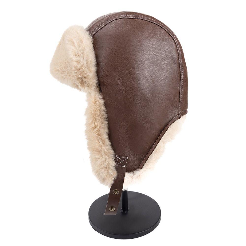Pu Leather Warm Ski Hat Windproof Cycling Lei Feng Hat Casual Plush Hat  Outdoor