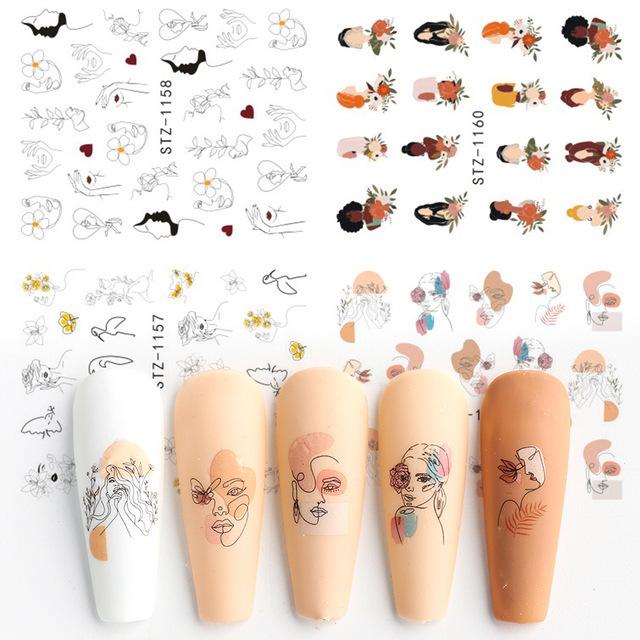 4Pcs Nail Art Slider Black Green Leaves Colorful Flowers Butterfly Spring Summer Nail Simple Designs Nail Art Stickers