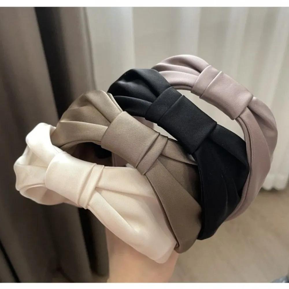 Premium satin double ribbon headband/hairband bandana Gray brown