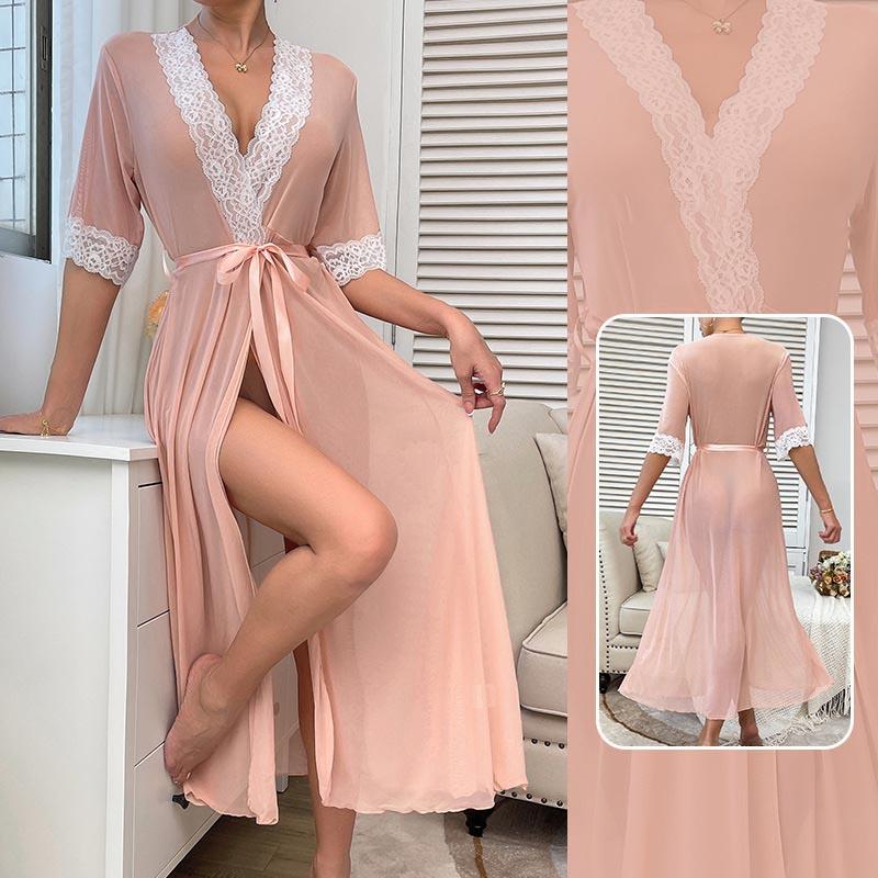 Elegant Lace-Trimmed Open-Front V-Neck Satin Bathrobe for Women