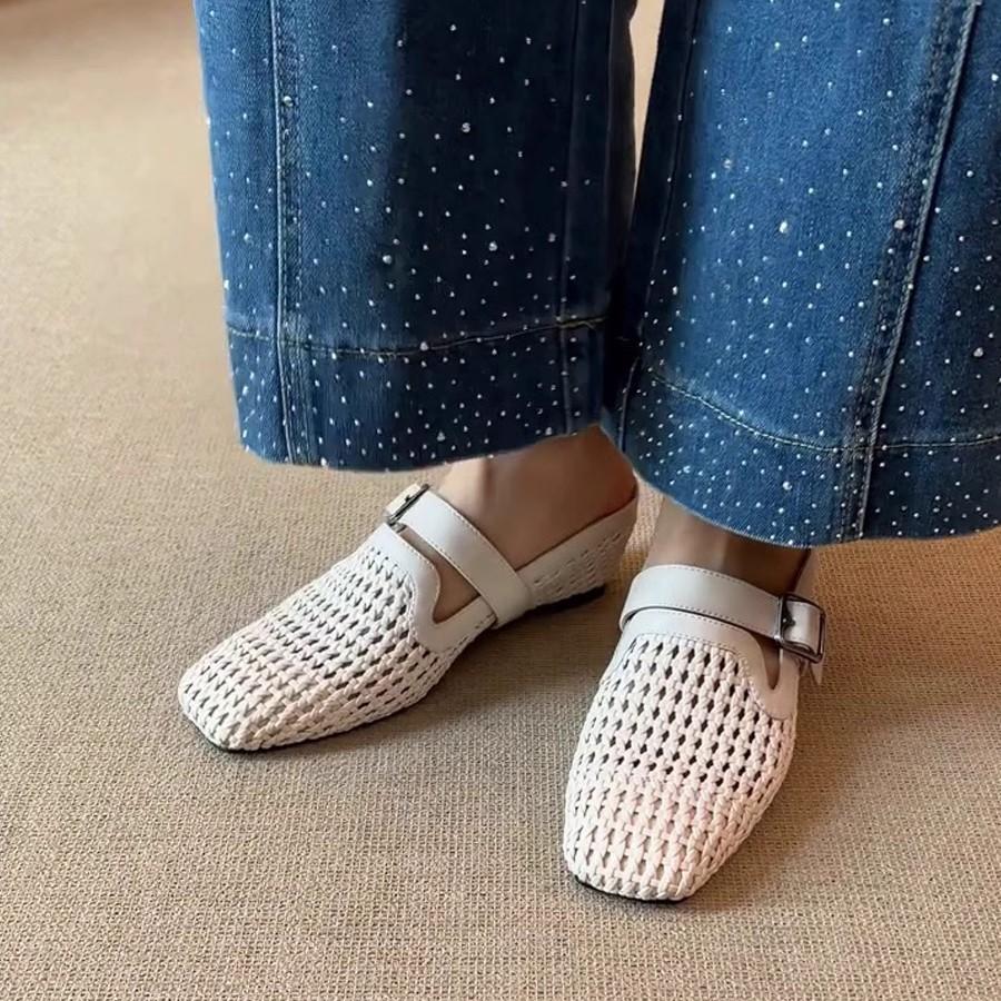 Sheepskin version~ French woven holiday slope heel bag head cool slippers women wear one pedal belt buckle muller shoes