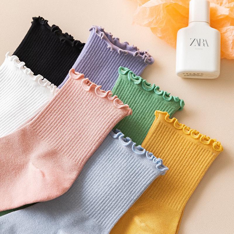 Schwarze Socken mit Ohrrand, Damen-Wadensocken, Weiße Dünne Trendige Sommer-Frotteesocken, Spitzensocken