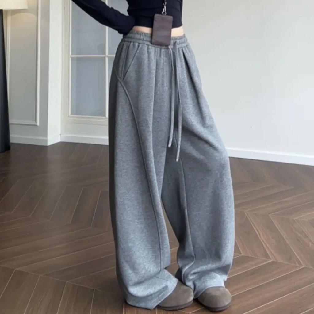 Solid Color Wide-Leg Woolen Sweatpants - Versatile & Trendy Straight-Leg Style