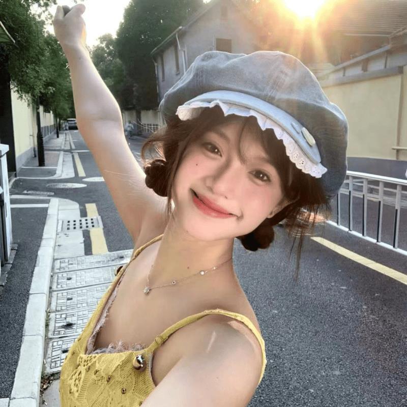 

Ancient Button Lace Denim Octagonal Cloud Hat Female Face Small Vacation Milk Washed Beret XS（old）