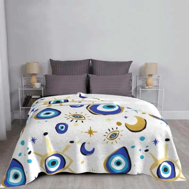Mediterranean Blue And Gold Evil Eye Blanket Flannel Fleece Warm Hamsa Nazar Amulet Boho Throw Blankets for Home Bed Couch Quilt