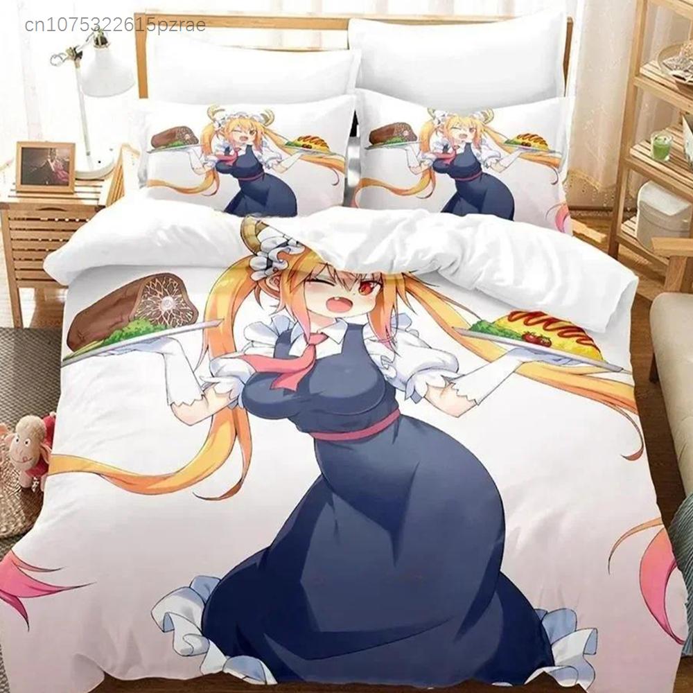 3D Kawaii Girl Miss Kobayashi's Dragon Maid Bedding Set Anime three-piece Set Adult Kid Bedroom Duvet Cover Sets Home Textiles