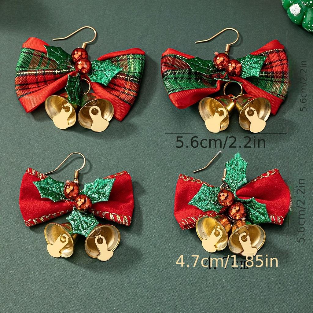 Christmas fresh, sweet, cute, creative linen, mini bow, bell, earring, women's accessory